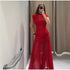 Elegant Mesh Patchwork Pleated Long Skirt Dress for Women Slim Evening Party Maxi Dress